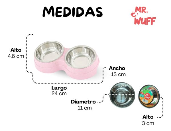 Plato Comedero Doble Para Perro Con Tazones De Acero Inoxidable Mr Wuff Color Rosa - Imagen 3