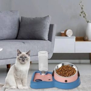 Bebedero Y Comedero Perro Gato Dispensador Doble Mr Wuff Rosa Con Azul