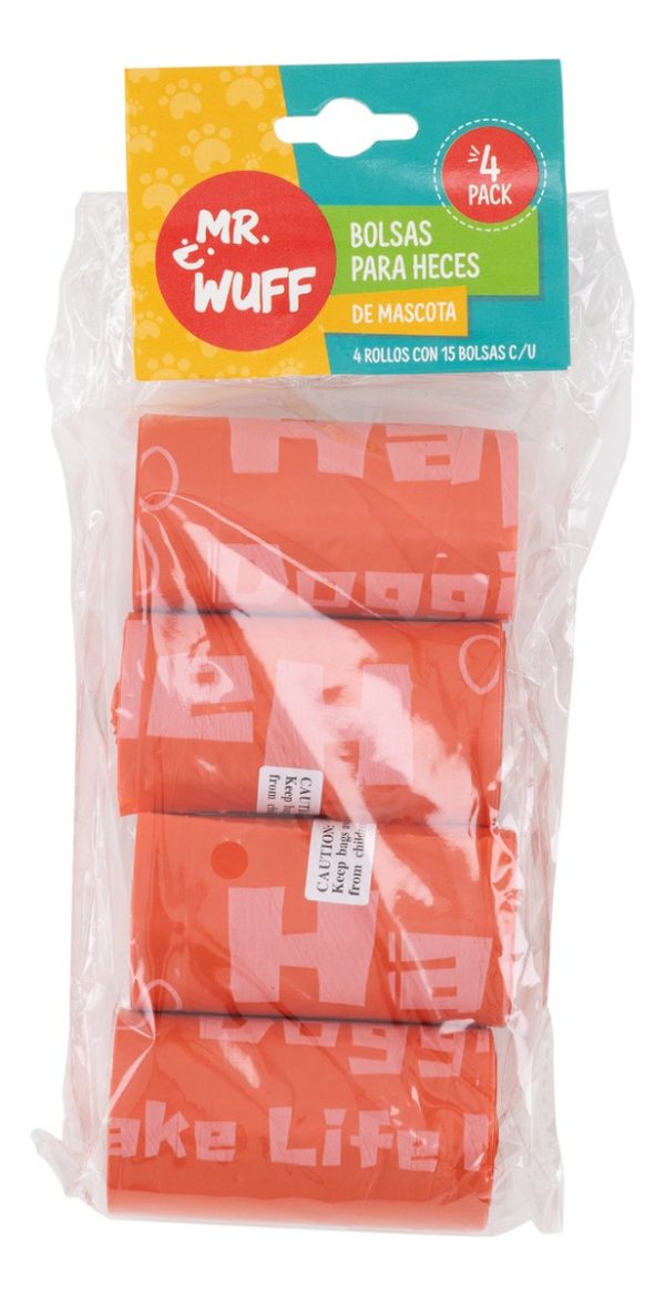 60 Bolsas Para Perros Popo Heces Sanitarias Mr Wuff 4 Rollos Color Rojo - Imagen 6