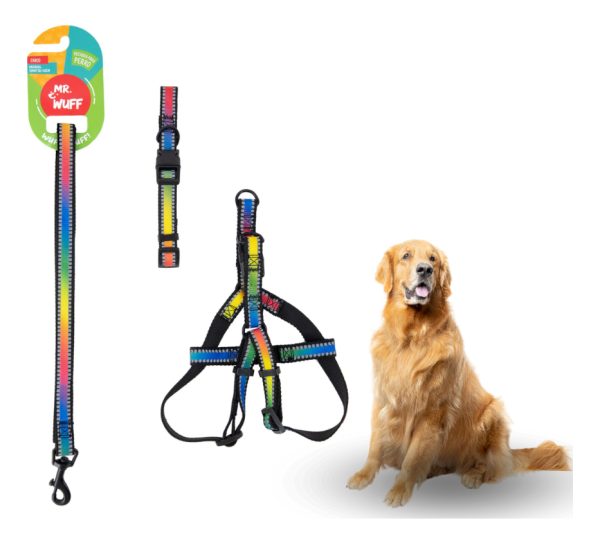 Pechera Arnés De Seguridad Perro Con Correa Y Collar Mr Wuff Multicolor L
