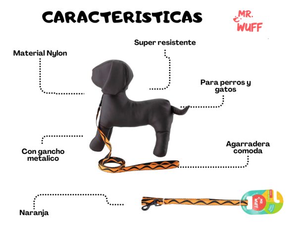 Correa Para Perros Grande Resistente Fuerte 1.20m Mr Wuff Color Naranja - Imagen 5