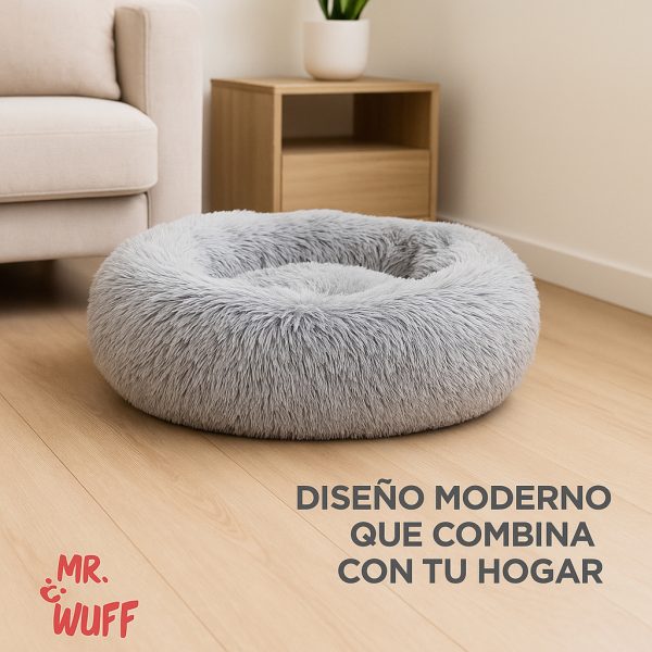 Cama Redonda Para Perro Gato Mascota Antiestrés Mr Wuff Gris 100cm - Imagen 7