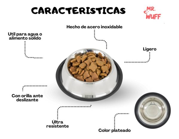 Plato Comedero Perro Antidezlizante 1.38kg 49oz 30cm Mr Wuff Plateado - Imagen 5