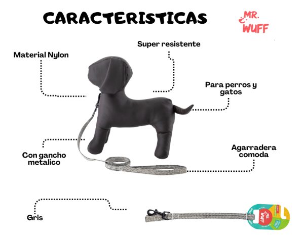 Correa Para Perros Grande Resistente Fuerte 1.20m Mr Wuff Color Gris - Imagen 5
