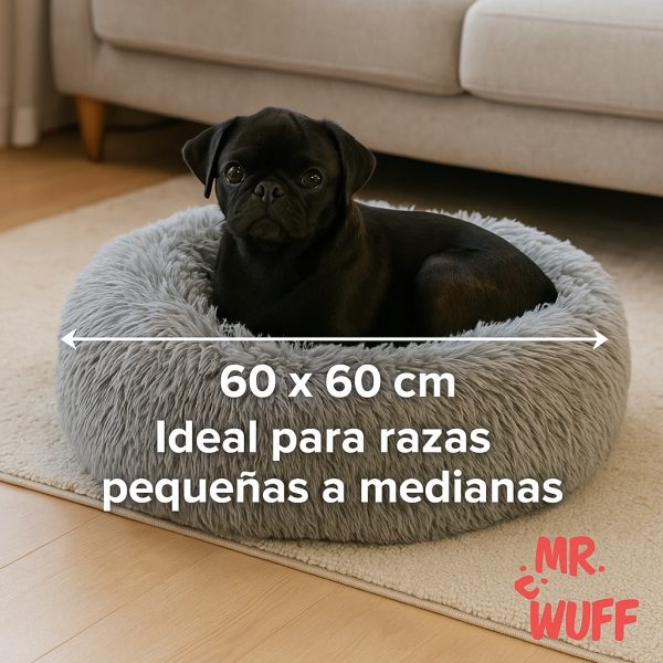 Cama Redonda Para Perro Gato Mascota Antiestrés Mr Wuff Gris 60cm - Imagen 2