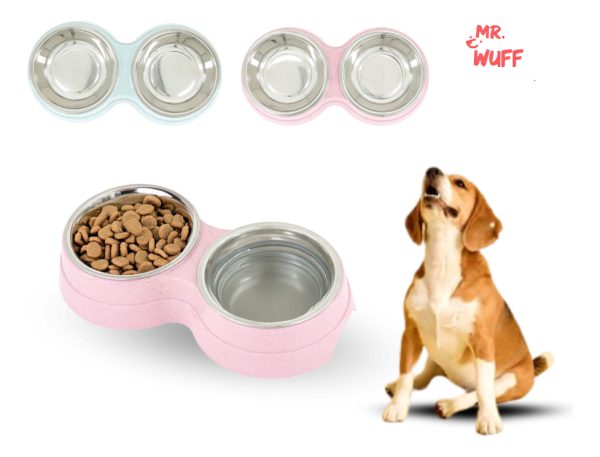 Plato Comedero Doble Para Perro Con Tazones De Acero Inoxidable Mr Wuff Color Rosa