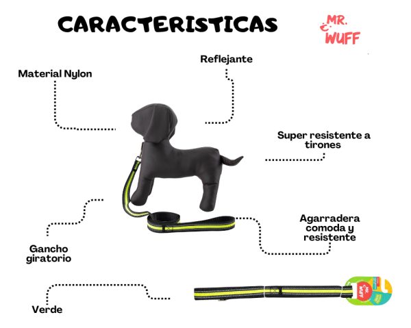 Correa Para Perro Resistente Fuerte Reflejante Mr Wuff Verde - Imagen 5