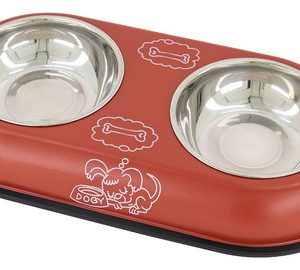 Plato Doble Comedero Perro Antideslizante Grande 18oz Mr Wuff Rojo