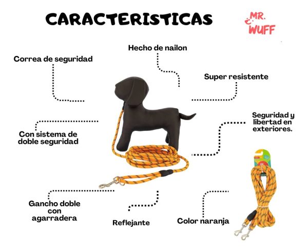 Correa Perro Larga 4.5m Reflejante Gancho Extra Mr Wuff Naranja - Imagen 5