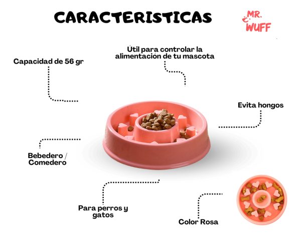 Plato Comedero Para Perro Interactivo Comida Lenta Mr Wuff Color Rosa Corazon - Imagen 5
