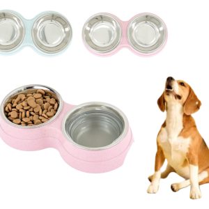 Plato Doble Comedero Perro Plastico Acero Inoxidable Mr Wuff Rosa