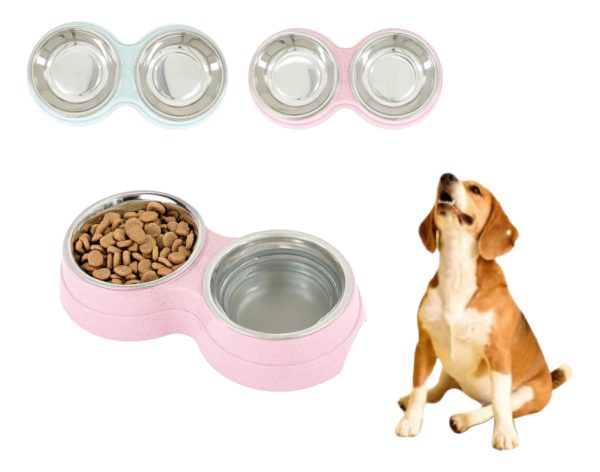 Plato Doble Comedero Perro Plastico Acero Inoxidable Mr Wuff Rosa