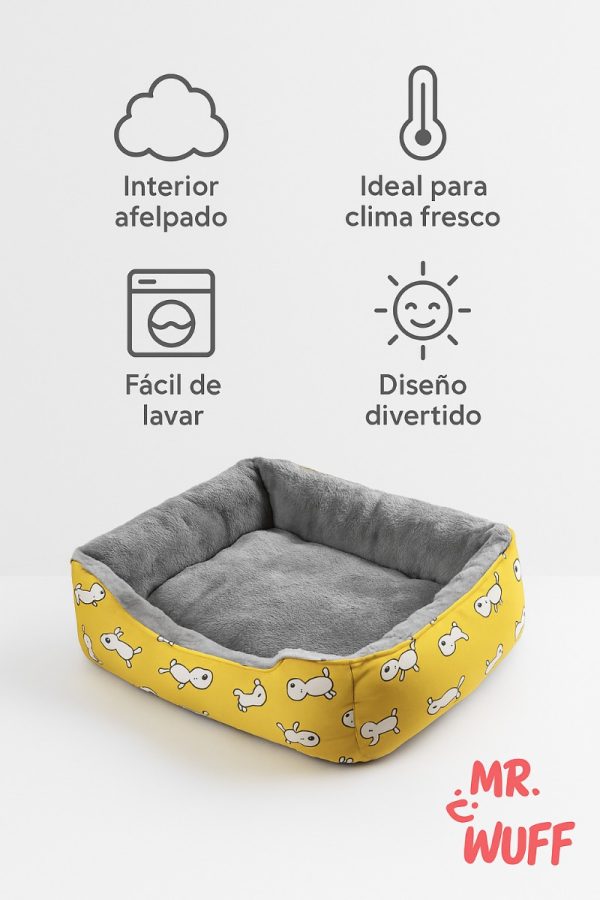 Cama Para Perro Gato Rectangular Acolchonada Mr Wuff Tallas Amarillo Con Gris 70x50 - Imagen 5