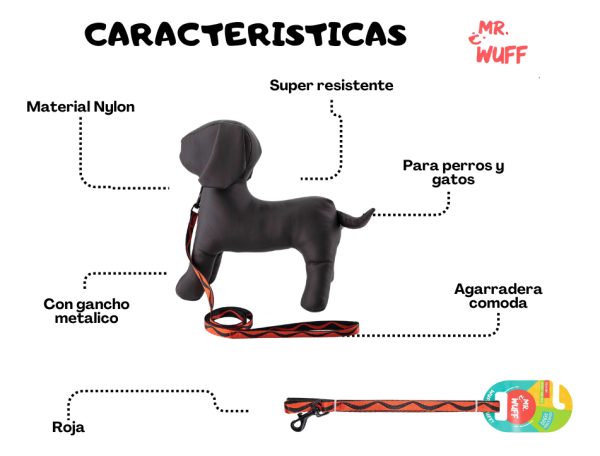 Correa Para Perros Grande Resistente Fuerte 1.20m Mr Wuff Color Rojo - Imagen 5