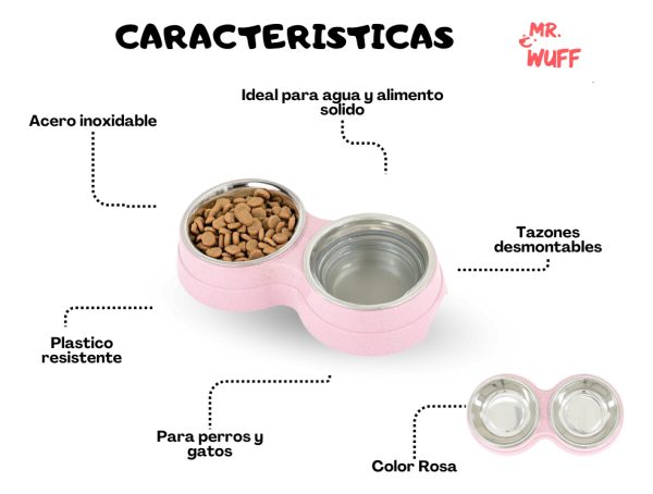Plato Comedero Doble Para Perro Con Tazones De Acero Inoxidable Mr Wuff Color Rosa - Imagen 5