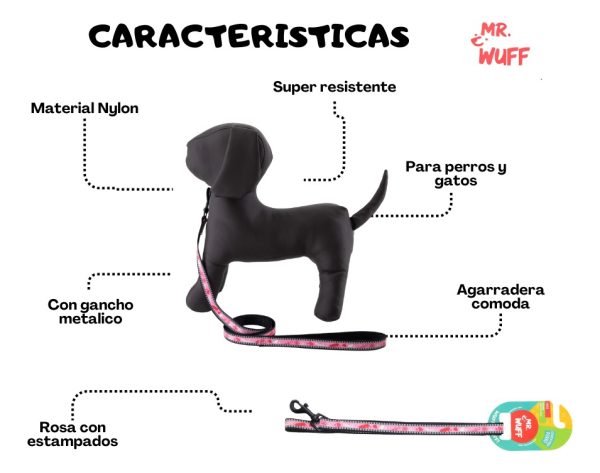Correa Para Perros Grande Resistente Fuerte 1.20m Mr Wuff Rosa Flores - Imagen 5
