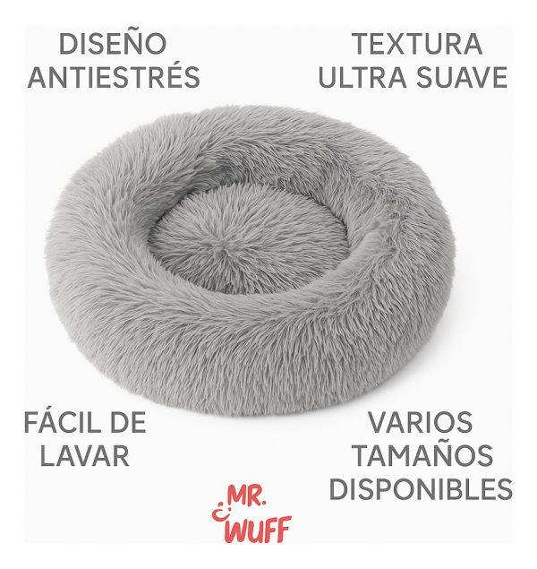 Cama Redonda Para Perro Gato Mascota Antiestrés Mr Wuff Gris 100cm - Imagen 5