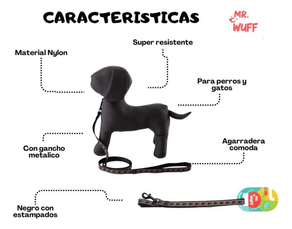 Correa Para Perros Grande Resistente Fuerte 1.20m Mr Wuff Negro - Imagen 6