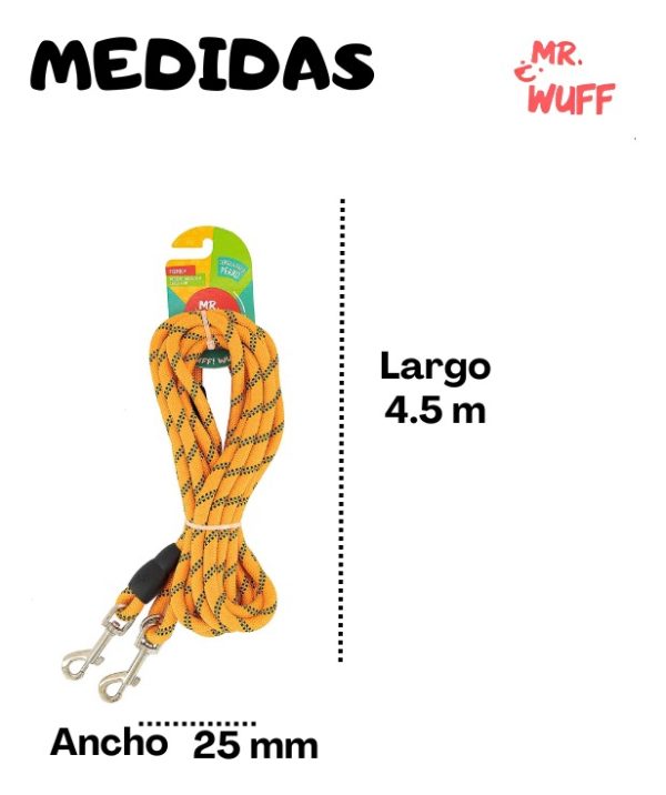 Correa Perro Larga 4.5m Reflejante Gancho Extra Mr Wuff Naranja - Imagen 3