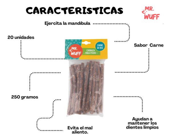 Premios Carnaza Perro Snack 20 Palitos 250gr Mr Wuff Carne - Imagen 5