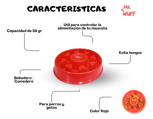 Plato Comedero Para Perro Interactivo Comida Lenta Mr Wuff Color Rojo Corazon - Imagen 5
