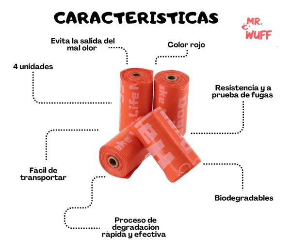 60 Bolsas Para Perros Popo Heces Sanitarias Mr Wuff 4 Rollos Color Rojo - Imagen 5