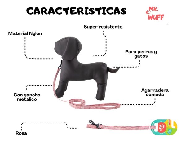 Correa Para Perros Grande Resistente Fuerte 1.20m Mr Wuff Rosa - Imagen 5